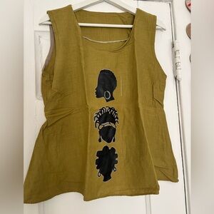Olive Sleeveless Top with Artistic Print